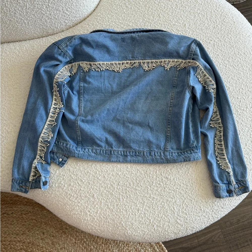 Superdown Revolve Raya Rhinestone Fringe Jacket in Light Blue Wash size large - Picture 7 of 8